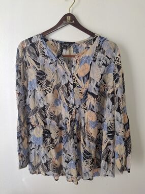 Lucky Brand Sheer Floral Button-Front Blouse in Blue, Peach & Black